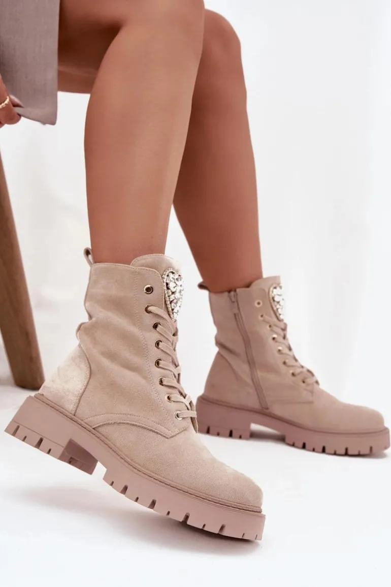 Botki Workery Damskie Z Kryształkami Na Języku Jasnobeżowe Rosira