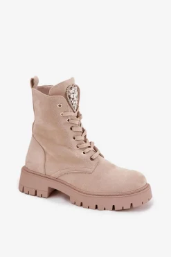 Botki Workery Damskie Z Kryształkami Na Języku Jasnobeżowe Rosira