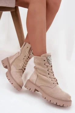 Botki Workery Damskie Z Kryształkami Na Języku Jasnobeżowe Rosira