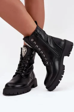 Botki Workery Damskie Z Kryształkami Na Języku Czarne Rosira