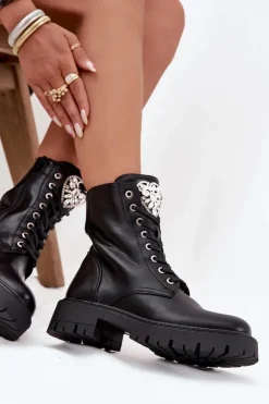 Botki Workery Damskie Z Kryształkami Na Języku Czarne Rosira