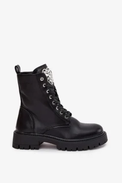 Botki Workery Damskie Z Kryształkami Na Języku Czarne Rosira