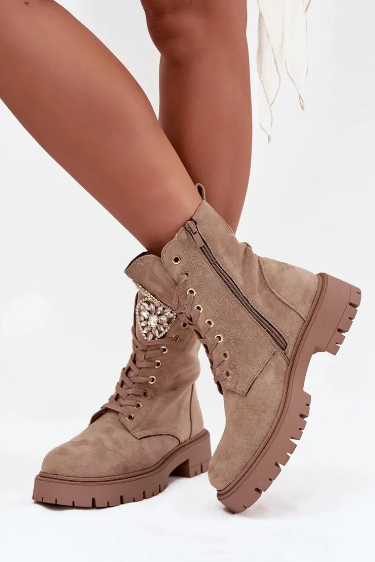 Botki Workery Damskie Z Kryształkami Na Języku Beżowe Rosira