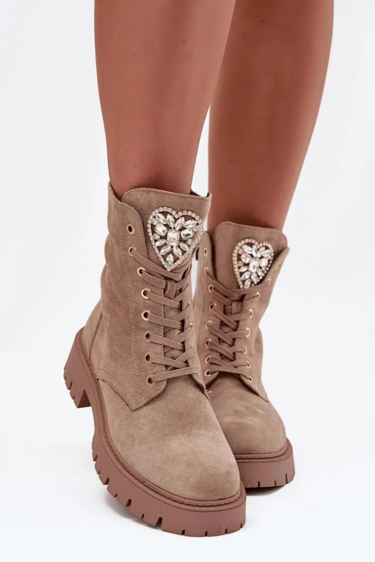 Botki Workery Damskie Z Kryształkami Na Języku Beżowe Rosira
