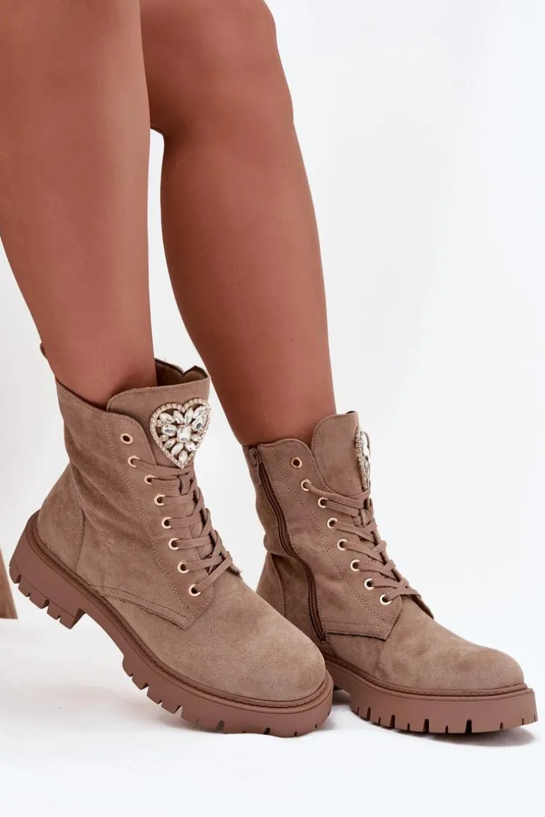 Botki Workery Damskie Z Kryształkami Na Języku Beżowe Rosira