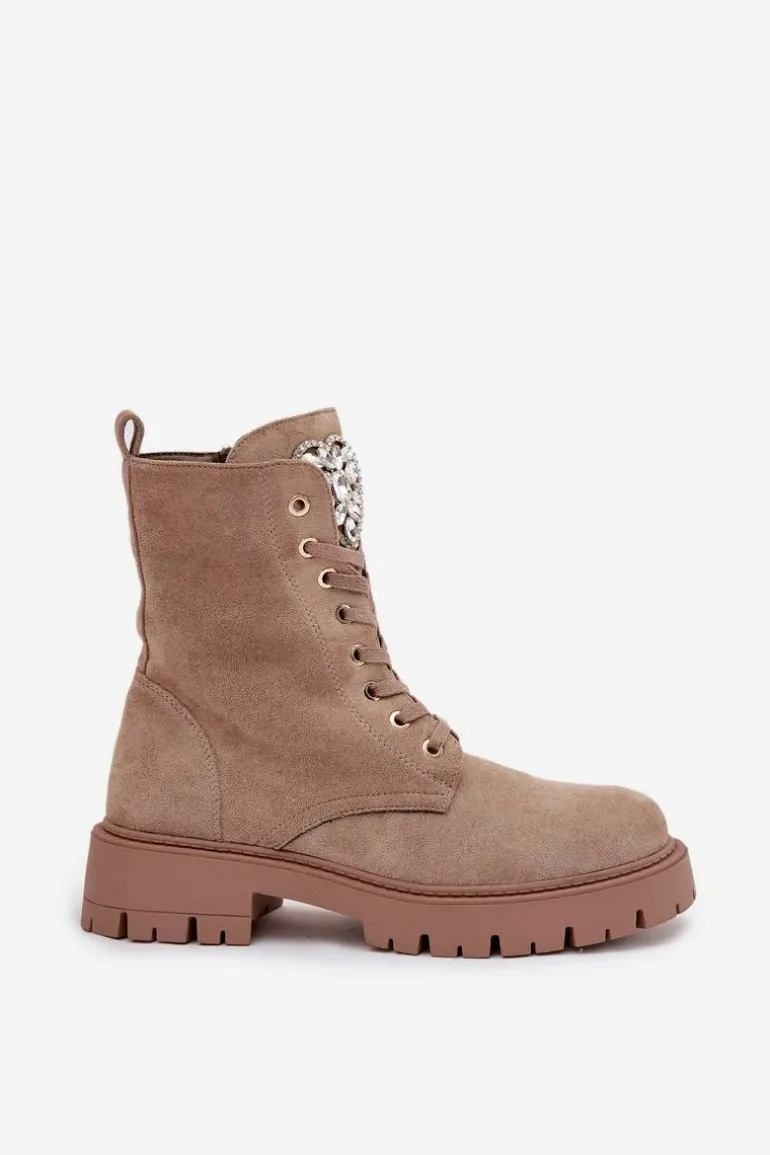 Botki Workery Damskie Z Kryształkami Na Języku Beżowe Rosira