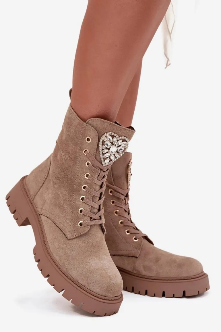 Botki Workery Damskie Z Kryształkami Na Języku Beżowe Rosira