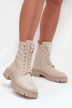 Botki Workery Damskie Z Kryształkami Na Języku Jasnobeżowe Rosira