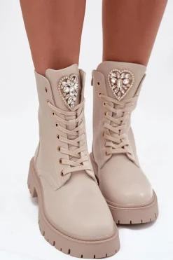 Botki Workery Damskie Z Kryształkami Na Języku Jasnobeżowe Rosira