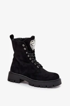 Botki Workery Damskie Z Kryształkami Na Języku Czarne Rosira