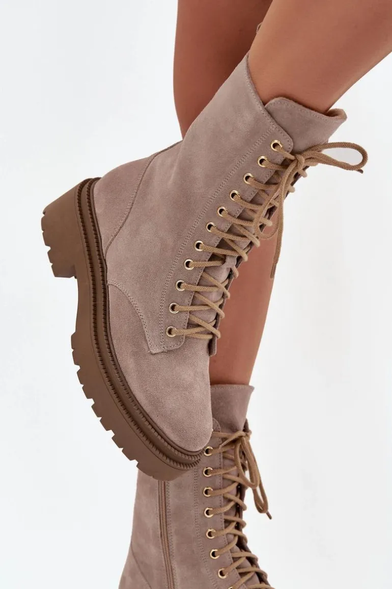 Botki Workery Damskie Z Naturalnego Zamsz Ocieplane Zazoo 4213 Beżowe