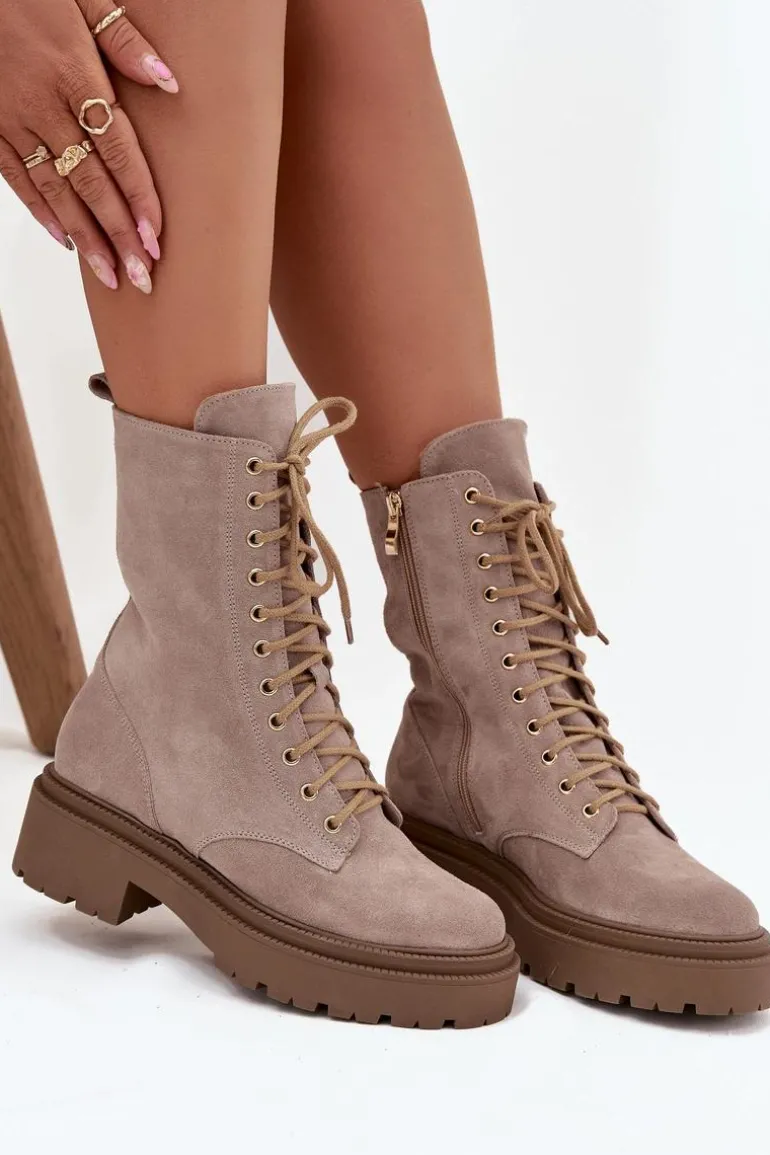 Botki Workery Damskie Z Naturalnego Zamsz Ocieplane Zazoo 4213 Beżowe