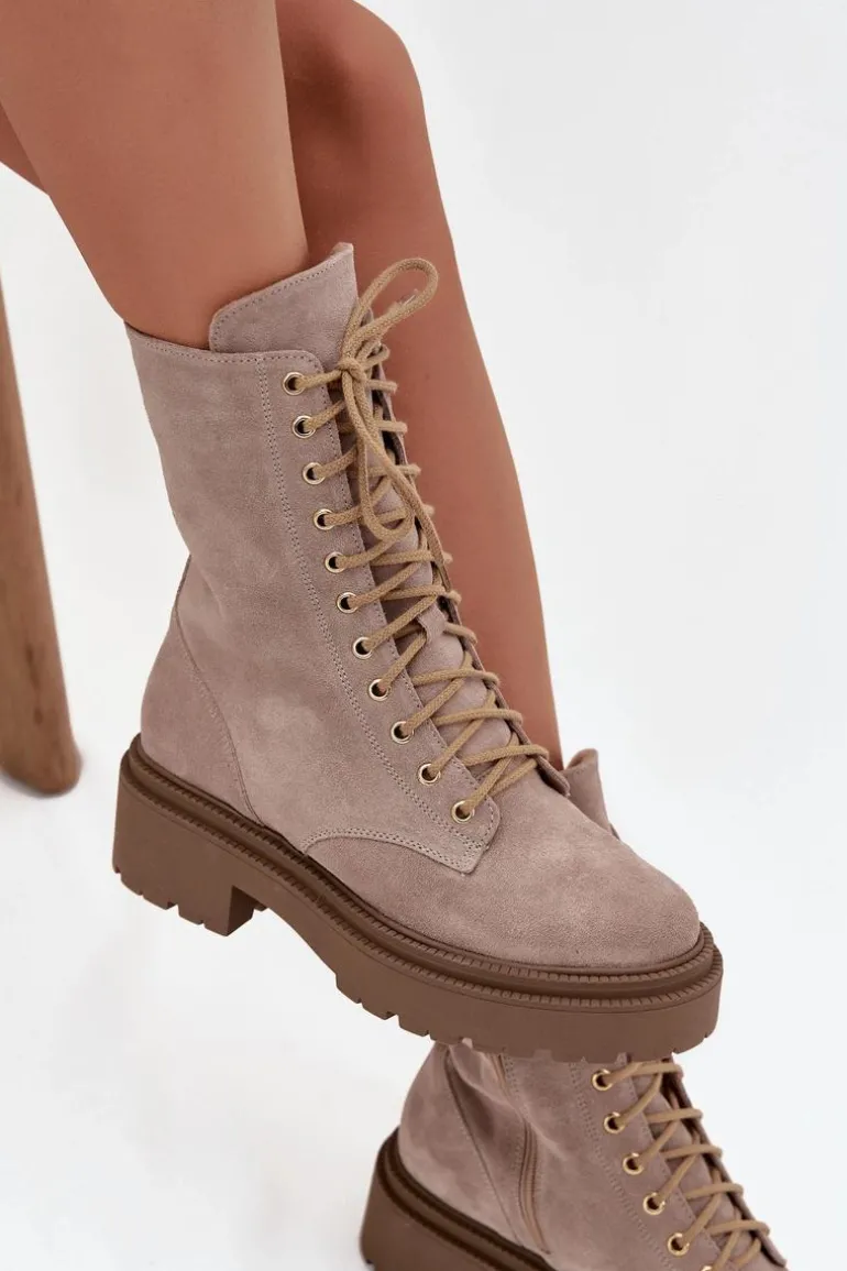 Botki Workery Damskie Z Naturalnego Zamsz Ocieplane Zazoo 4213 Beżowe