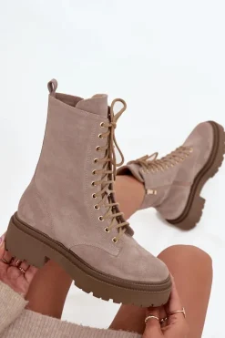 Botki Workery Damskie Z Naturalnego Zamsz Ocieplane Zazoo 4213 Beżowe