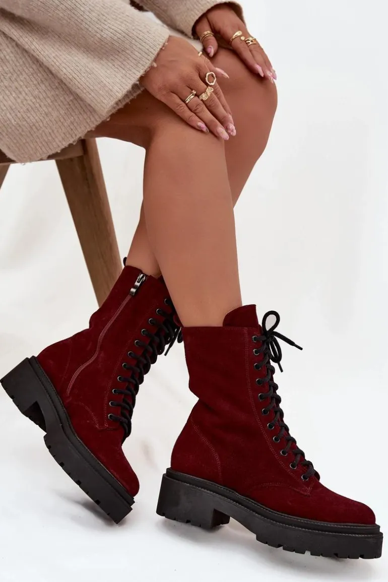 Botki Workery Damskie Z Naturalnego Zamsz Ocieplane Zazoo 4213 Bordowe