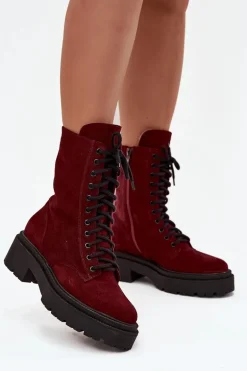 Botki Workery Damskie Z Naturalnego Zamsz Ocieplane Zazoo 4213 Bordowe