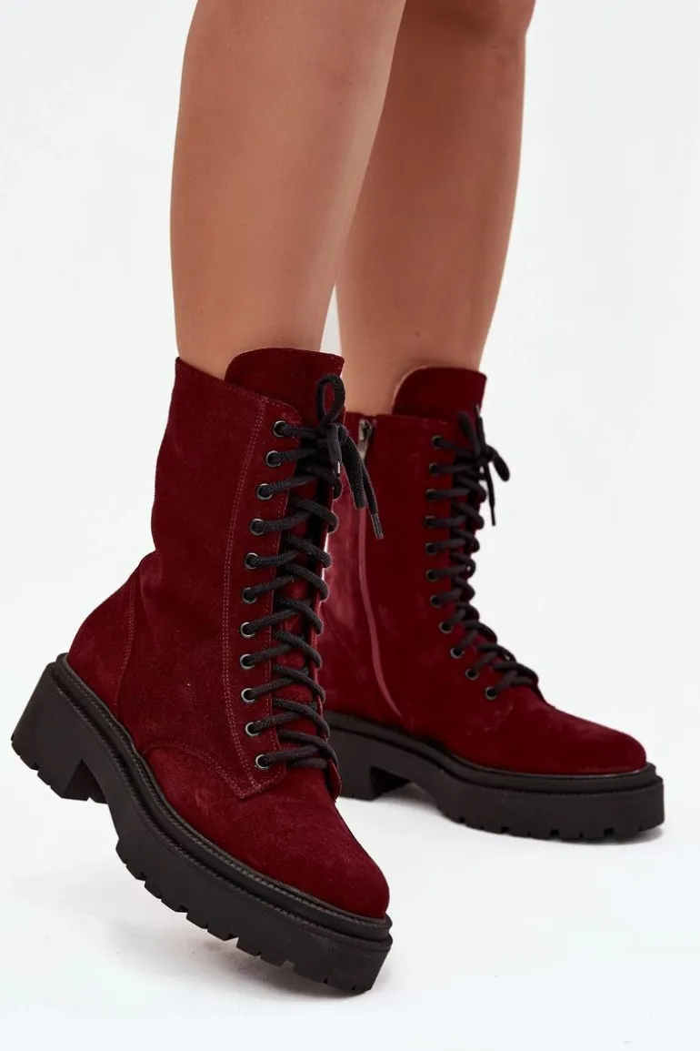 Botki Workery Damskie Z Naturalnego Zamsz Ocieplane Zazoo 4213 Bordowe