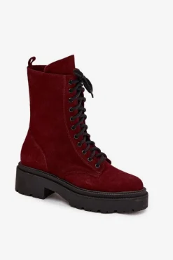 Botki Workery Damskie Z Naturalnego Zamsz Ocieplane Zazoo 4213 Bordowe