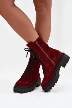 Botki Workery Damskie Z Naturalnego Zamsz Ocieplane Zazoo 4213 Bordowe