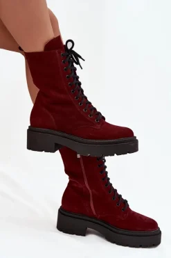 Botki Workery Damskie Z Naturalnego Zamsz Ocieplane Zazoo 4213 Bordowe