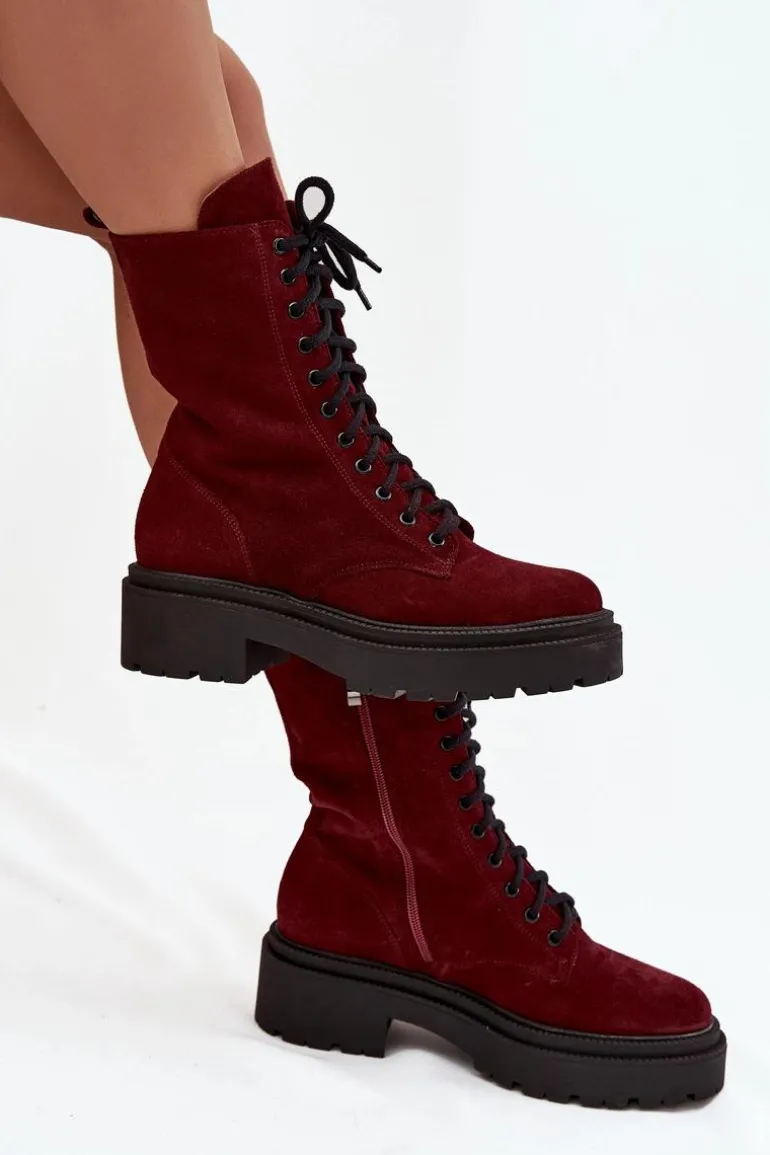 Botki Workery Damskie Z Naturalnego Zamsz Ocieplane Zazoo 4213 Bordowe