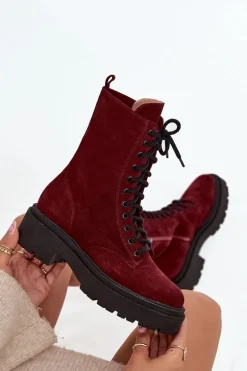 Botki Workery Damskie Z Naturalnego Zamsz Ocieplane Zazoo 4213 Bordowe