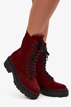 Botki Workery Damskie Z Naturalnego Zamsz Ocieplane Zazoo 4213 Bordowe