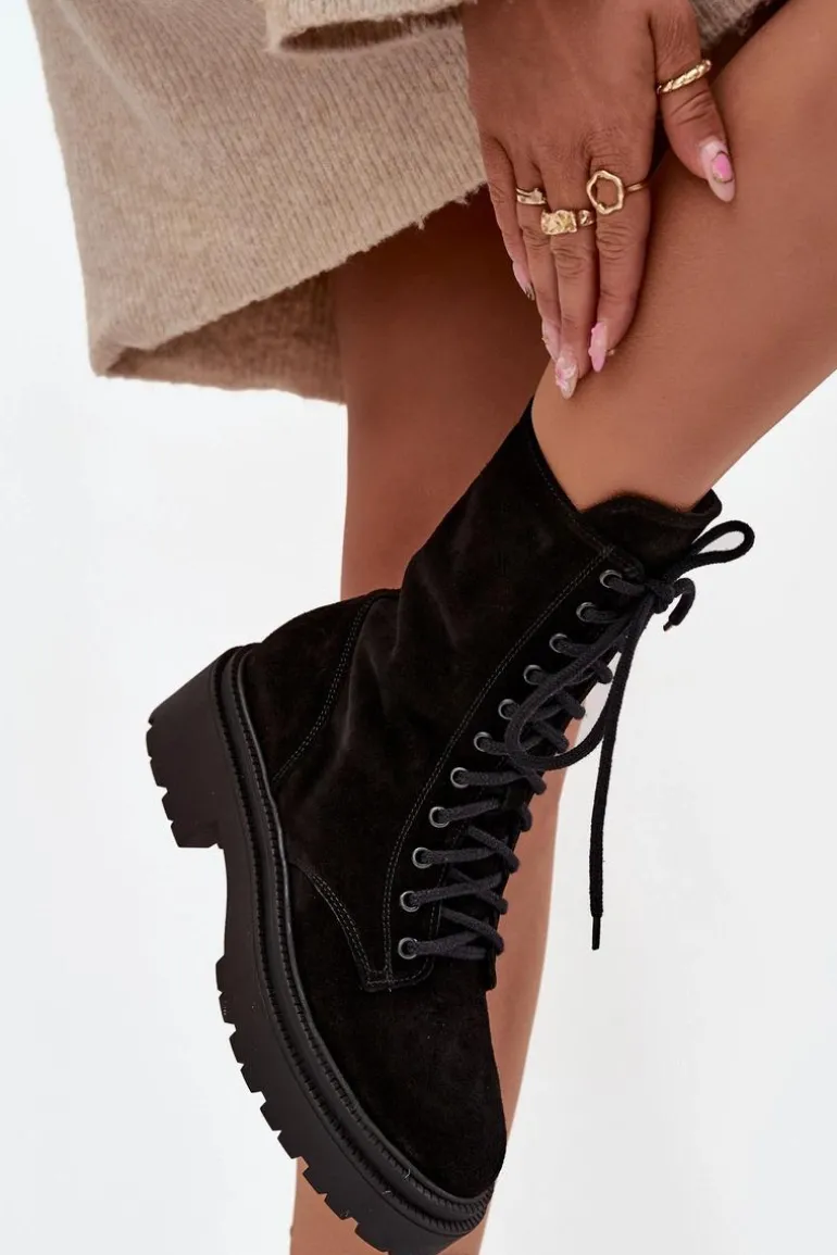 Botki Workery Damskie Z Naturalnego Zamsz Ocieplane Zazoo 4213 Czarne