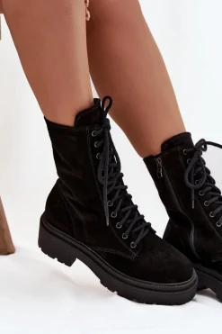 Botki Workery Damskie Z Naturalnego Zamsz Ocieplane Zazoo 4213 Czarne