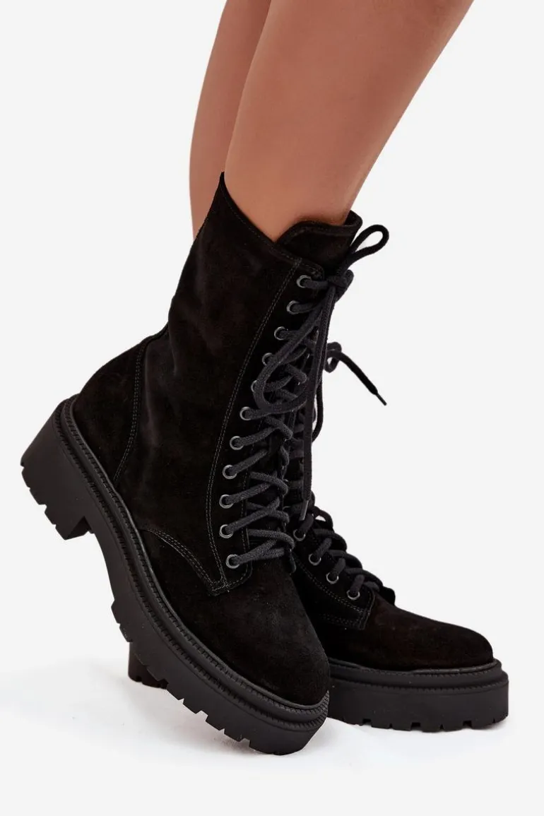 Botki Workery Damskie Z Naturalnego Zamsz Ocieplane Zazoo 4213 Czarne