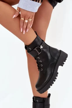 Botki Workery Damskie Z Ocieplane Z Ozdobnym Paskiem Czarne Ulivine