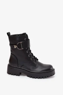 Botki Workery Damskie Z Ocieplane Z Ozdobnym Paskiem Czarne Ulivine