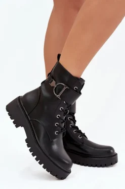 Botki Workery Damskie Z Ocieplane Z Ozdobnym Paskiem Czarne Ulivine