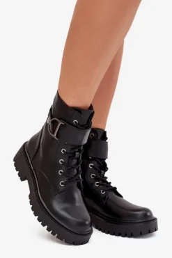 Botki Workery Damskie Z Ocieplane Z Ozdobnym Paskiem Czarne Ulivine