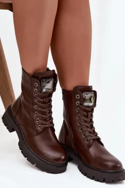 Botki Workery Damskie Z Ozdoba Eko Skórzane Czekoladowe Karessa