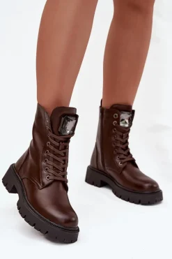 Botki Workery Damskie Z Ozdoba Eko Skórzane Czekoladowe Karessa