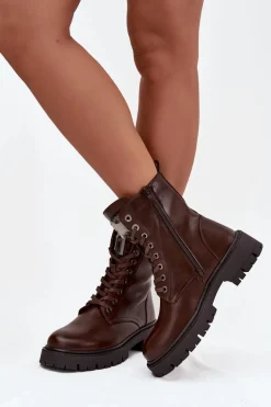 Botki Workery Damskie Z Ozdoba Eko Skórzane Czekoladowe Karessa