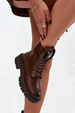 Botki Workery Damskie Z Ozdoba Eko Skórzane Czekoladowe Karessa