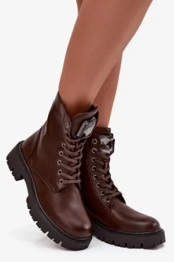 Botki Workery Damskie Z Ozdoba Eko Skórzane Czekoladowe Karessa