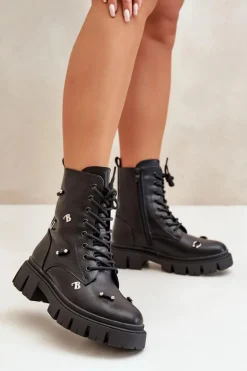 Botki Workery Damskie Z Ozdobami Eko Skórzane Czarne Cadenilla