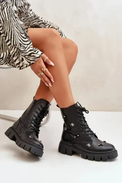 Botki Workery Damskie Z Ozdobami Eko Skórzane Czarne Cadenilla