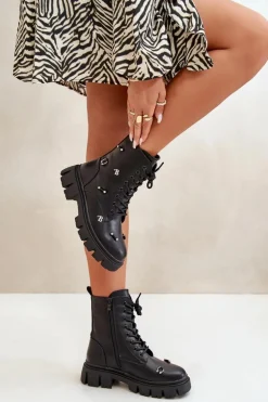 Botki Workery Damskie Z Ozdobami Eko Skórzane Czarne Cadenilla