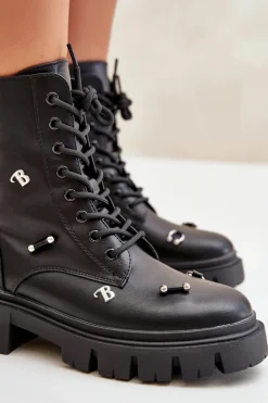 Botki Workery Damskie Z Ozdobami Eko Skórzane Czarne Cadenilla