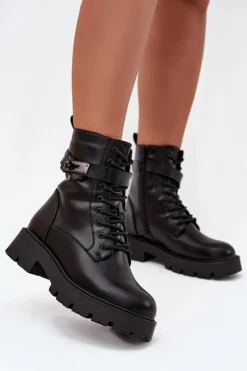 Botki Workery Damskie Z Ozdobnym Paskiem Ocieplane Eko Skórzane Czarne Selita