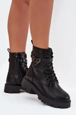 Botki Workery Damskie Z Ozdobnym Paskiem Ocieplane Eko Skórzane Czarne Selita