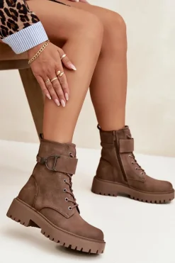 Botki Workery Damskie Z Ocieplane Z Ozdobnym Paskiem Ciemnobeżowe Ulivine