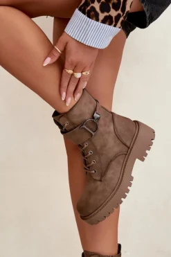 Botki Workery Damskie Z Ocieplane Z Ozdobnym Paskiem Ciemnobeżowe Ulivine