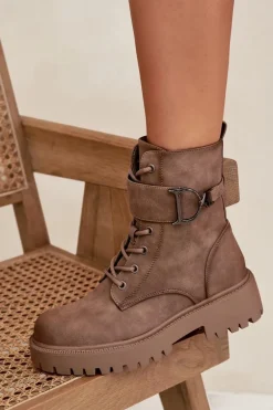 Botki Workery Damskie Z Ocieplane Z Ozdobnym Paskiem Ciemnobeżowe Ulivine