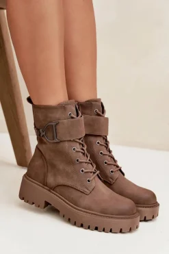 Botki Workery Damskie Z Ocieplane Z Ozdobnym Paskiem Ciemnobeżowe Ulivine