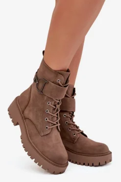 Botki Workery Damskie Z Ocieplane Z Ozdobnym Paskiem Ciemnobeżowe Ulivine